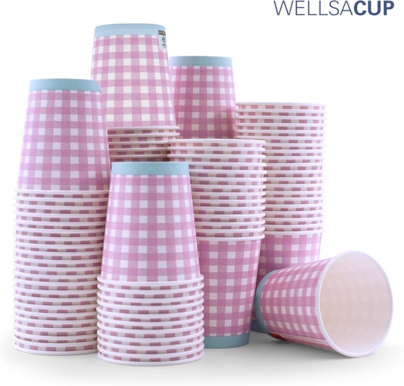 WELLSACUP papírové kelímky, 50 ks - růžové káro