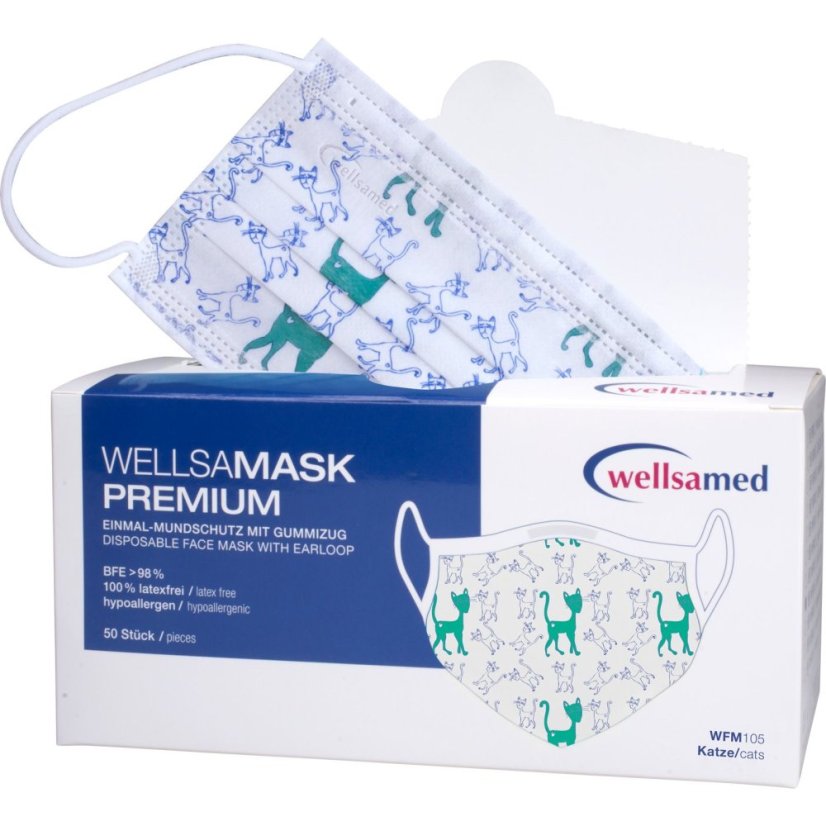 Wellsamask Premium 3-vrstvé hypoalergenní ochranné ústenky na gumičku - kočky