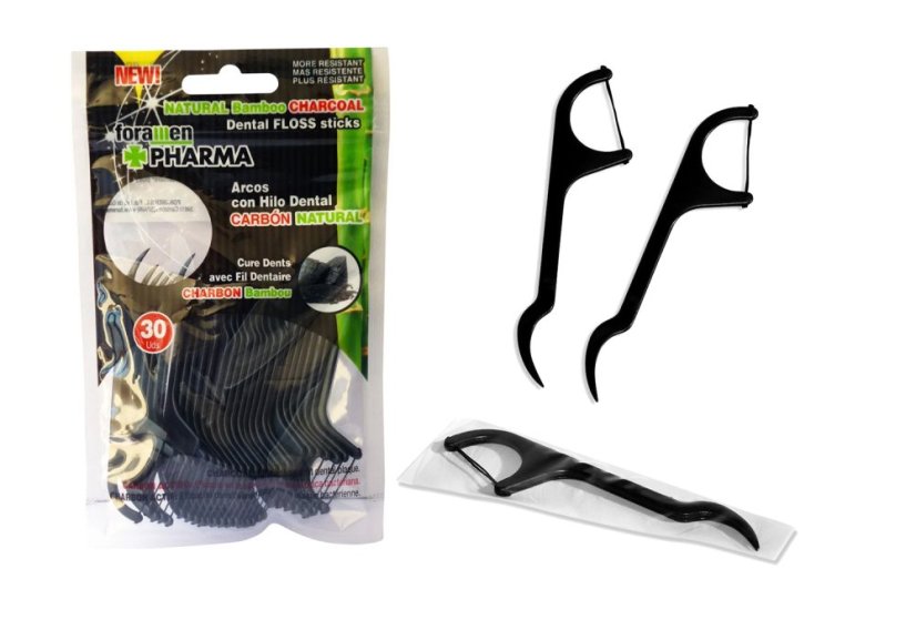 FORAMEN CHARCOAL FLOSSER nit natažena v mečíku, 30 ks FORAMEN CHARCOAL FLOSSER nit natažena v mečíku, 30 ks